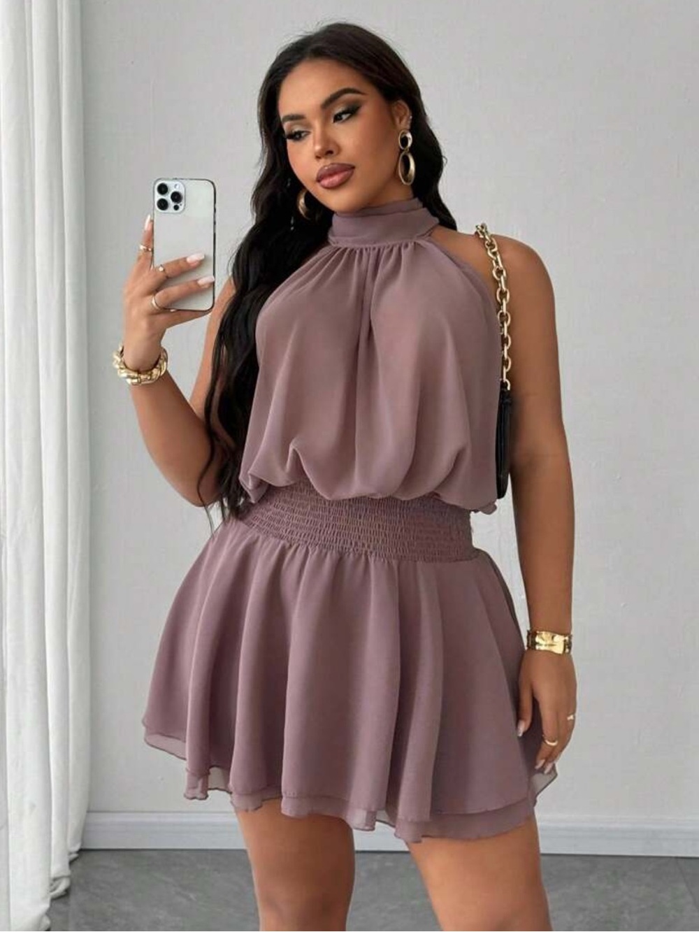 Maweii Plus-Size Women's Bow A-Line Sleeveless Gathered Chiffon New Year Dress